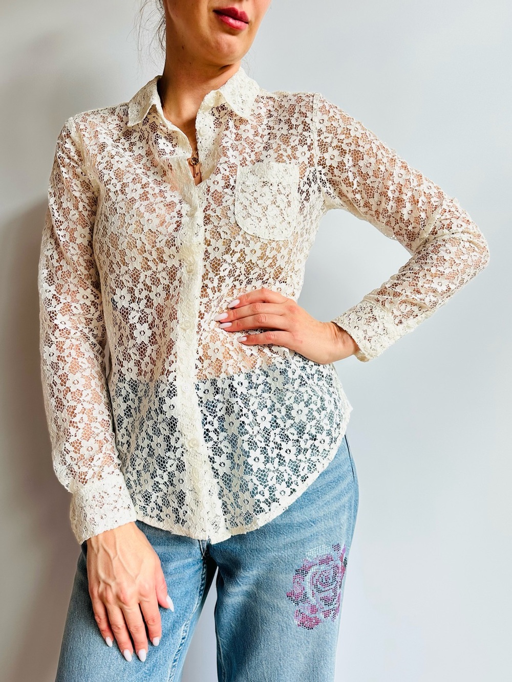⁠Isaac Mizrahi New York Floral Lace Button Down Blouse Long Sleeve Boho Floral